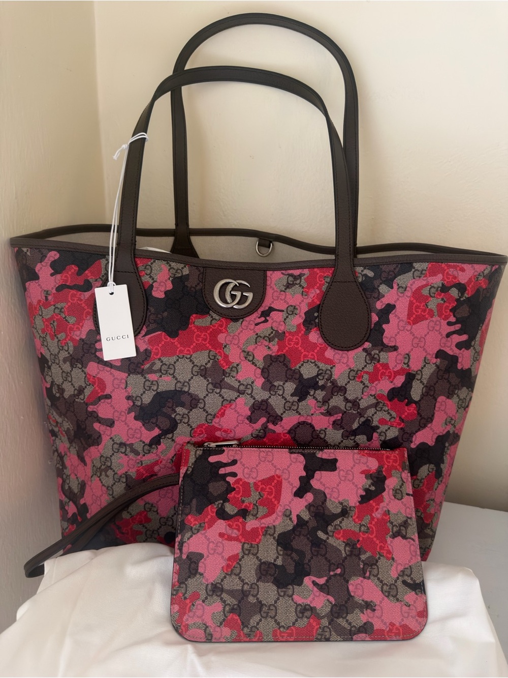 NWT Gucci Camouflage Large GG Supreme Canvas Tote Bag Pink